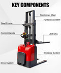 Key components of Heavy Duty Electric Pallet Stacker With 3300 Pound Capacity And 118 Inch Lift Height including steel frame and hydraulic system.