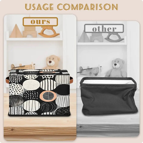 Usage comparison of Fan Favorite Black And White Boho Design Storage Bins With Secure Lids Foldable Closet Organizers featuring soft leather handles.