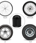 16 Pack Tire Valve Stem Caps With Upgraded Sealing Ring For Cars SUVs Motorbikes Trucks Bikes Black Durable Plastic Universal Fit No Air Leakage On All Vehicles displayed with tire examples for car, bicycle, motorcycle, and truck