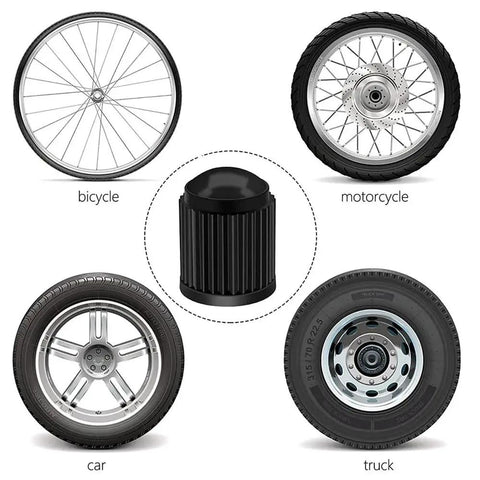 16 Pack Tire Valve Stem Caps With Upgraded Sealing Ring For Cars SUVs Motorbikes Trucks Bikes Black Durable Plastic Universal Fit No Air Leakage On All Vehicles displayed with tire examples for car, bicycle, motorcycle, and truck