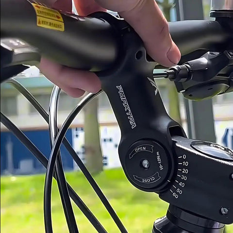 Close-up of Adjustable MTB Stem for 25.4mm to 31.8mm Bars and 28.6mm Steerer, 60 Degree Aluminum Riser Stem being adjusted