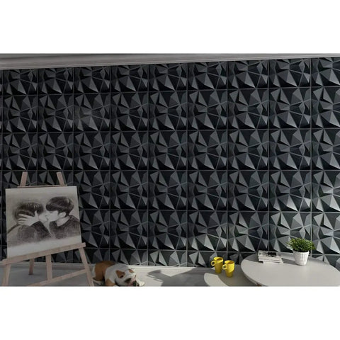 3D Paneling Set Textured Wall Design Bangin Black Diamond Finish Durable PVC Panels For Waterproof Heat Resistant Odorless Interior Walls Easy Cut Install Low Maintenance 19.7 By 19.7 Inches 12 Pack