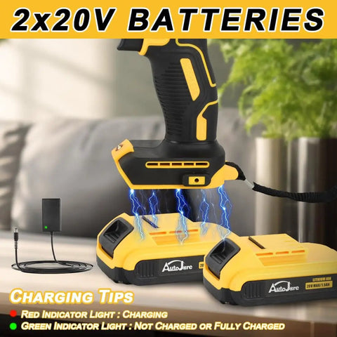 Cordless Drill Driver Half Inch Chuck, Two Speed Modes, 25+3 Clutch, 798 In-Lbs Torque with 24-Piece Accessories charging on dock