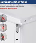 Close-up of heavy duty stainless steel shelf clips for cabinets and bookshelves, showing adjustable bracket fit for >5mm holes.