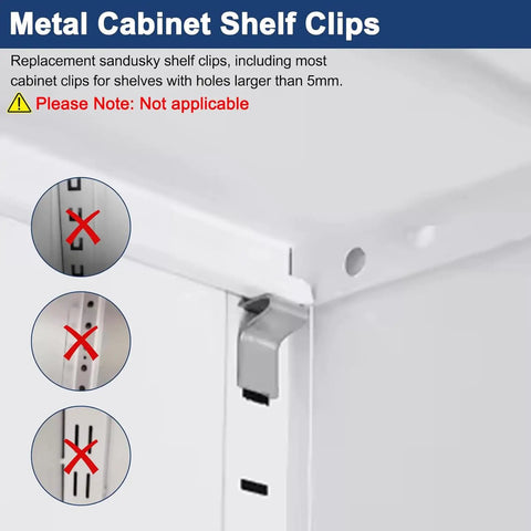 Close-up of heavy duty stainless steel shelf clips for cabinets and bookshelves, showing adjustable bracket fit for >5mm holes.