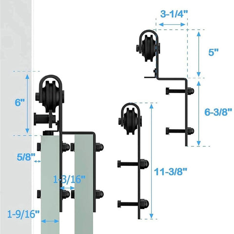Dimensions layout of Heavy Duty Sliding Barn Door Kit For 150-400 Cm Openings with dual roller assembly and track measurements.