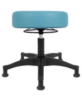 Smooth Ride Adjustable Glide Stool With Bone Soft High Density Foam Cushion That Wipes Clean Quick Perfect For Garages Clinics Tattoo Shops And Workbenches Solid Blue 15 Inch Round Seat bottom view with black base and blue cushion.