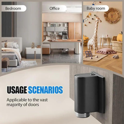 Magnetic Door Stop Heavy Duty Wedge With No Drill Install Kit in bedroom, office, and baby room usage scenarios.