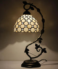 Tiffany Style Table Lamp With Cream Stained Glass Pearl Design, Metal Leaf Base, 8x10x21 Inch Desk Light, S005 Series