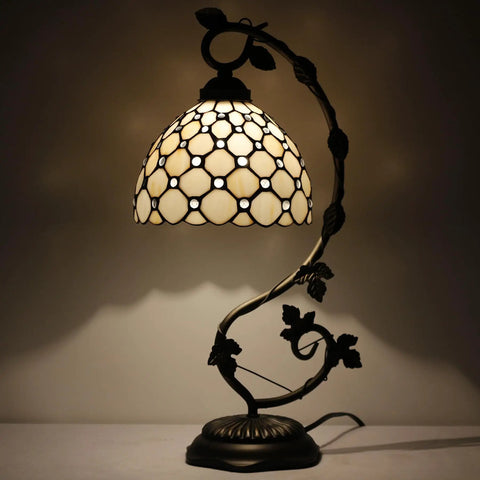Tiffany Style Table Lamp With Cream Stained Glass Pearl Design, Metal Leaf Base, 8x10x21 Inch Desk Light, S005 Series