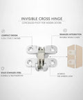 Low Profile Flush Mount Cross Hinge for no fuss doors and folding tables, stainless steel pivot, easy install, hidden hardware view