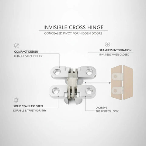 Low Profile Flush Mount Cross Hinge for no fuss doors and folding tables, stainless steel pivot, easy install, hidden hardware view
