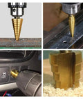Three Piece Pro Grade Titanium Coated HSS Step Drill Bit Set For Metal Wood Plastic And Aluminum in action on various materials