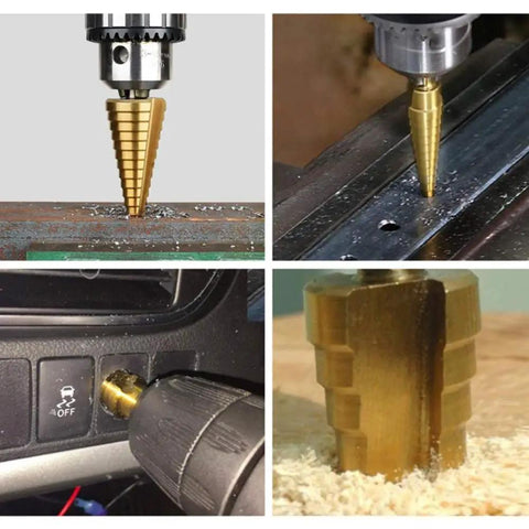 Three Piece Pro Grade Titanium Coated HSS Step Drill Bit Set For Metal Wood Plastic And Aluminum in action on various materials