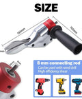 360 Degree Pivoting Drill Metal Shear Attachment for cordless and corded drills, showing size measurements and handle detail.