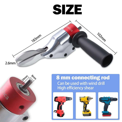 360 Degree Pivoting Drill Metal Shear Attachment for cordless and corded drills, showing size measurements and handle detail.