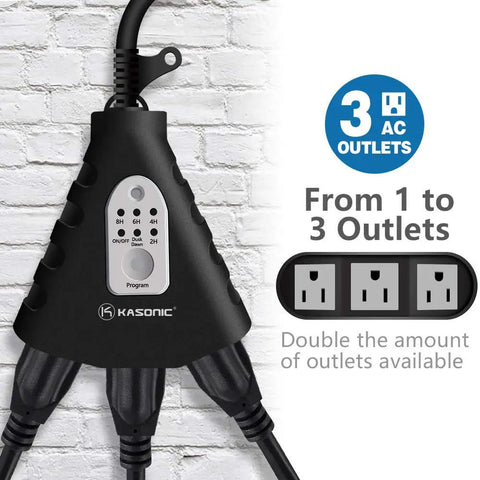 Kickass Waterproof Plug In Outdoor Light Timer With Remote Control And Automatic Dusk To Dawn Sensor Switch For Yard Halloween Christmas Seasonal Lighting with three outlets and controls.