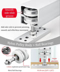 Close-up of a sliding barn door hardware track kit showing nylon pulley and ball bearings for smooth operation.