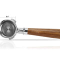 54mm Bottomless Portafilter With Stainless Steel Head And Walnut Handle For Breville, side view showing filter basket