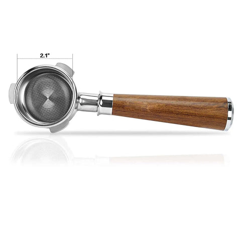 54mm Bottomless Portafilter With Stainless Steel Head And Walnut Handle For Breville, side view showing filter basket