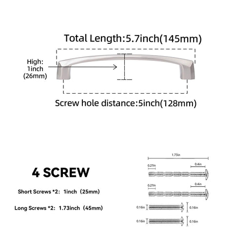 Diagram of 10 Pack 5 Inch Brushed Satin Nickel Cabinet Handles and Drawer Pulls Zinc Alloy dimensions, including screw specifications.