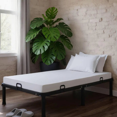 Heavy Duty Anti Slide Mattress Brackets Set Of 6 Adjustable Steel Bed Frame Stops on a bed with a mattress and pillows.