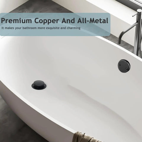 No Sweat Matte Black Bathtub Drain Kit With Two Hole Overflow Plate installed in modern bathtub, showcasing solid brass and stainless steel features.