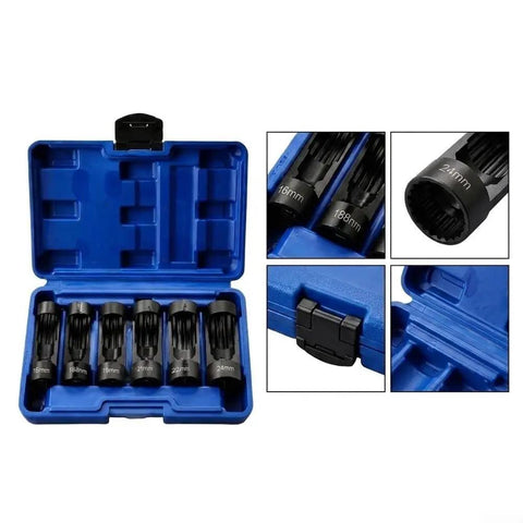 Premium Heavy Duty 12 Point Deep Groove Socket Wrench Set 6 Piece Black Alloy Steel Tool Kit in blue storage case with sizes 16mm to 24mm.