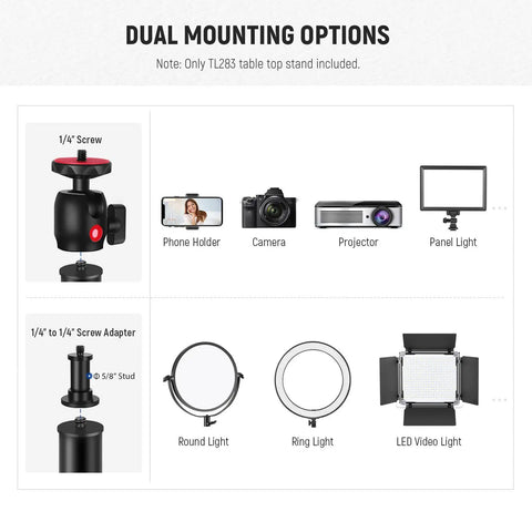 Extendable Camera Desk Mount With Ball Head 17 To 40 Inch Telescopic Table Light Stand options for phone, camera, projector, lights.