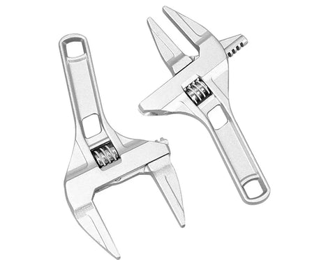 Two Lightweight Aluminum Alloy 8 Inch Adjustable Wrenches With Wide Jaw For Plumbing, visible in open and closed positions, silver color