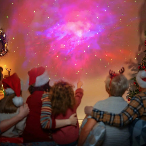 Family enjoying cosmic show with Awesome Astronaut Galaxy Projector Night Light, vibrant nebula effects on room walls.