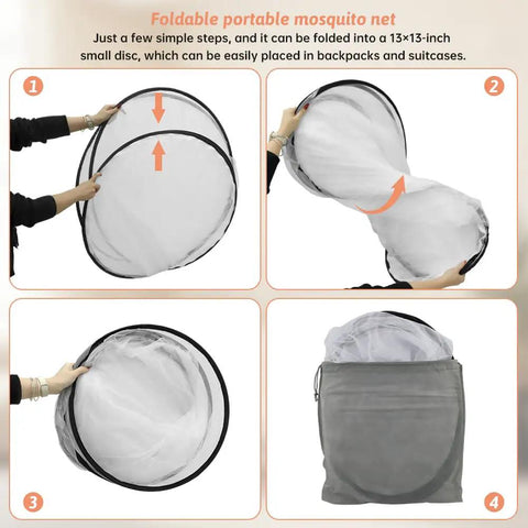 Steps showing Large Pop Up Mosquito Tent For Adults being folded into a 13 inch disc, ideal for bed camping travel and patio use.