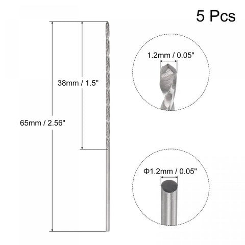 Five Pack 1.2mm Micro Twist Drill Bits Set, Pro Grade High Speed Steel With Straight Shank, Extra Long 65mm Length For Aluminum Alloy