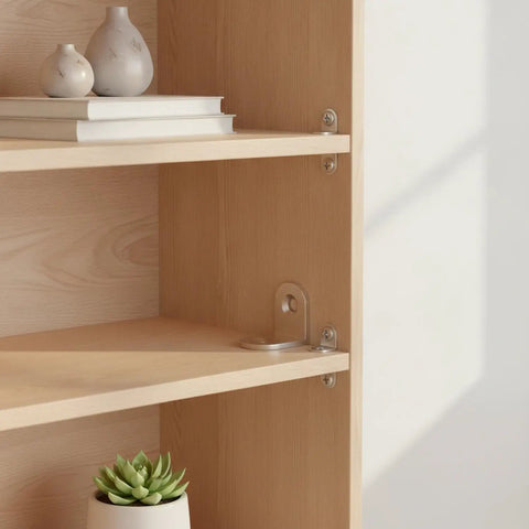 Stainless Steel Right Angle Corner Bracket For Bed Frames And Cabinets, Furniture Joint Stabilizer on wooden shelf