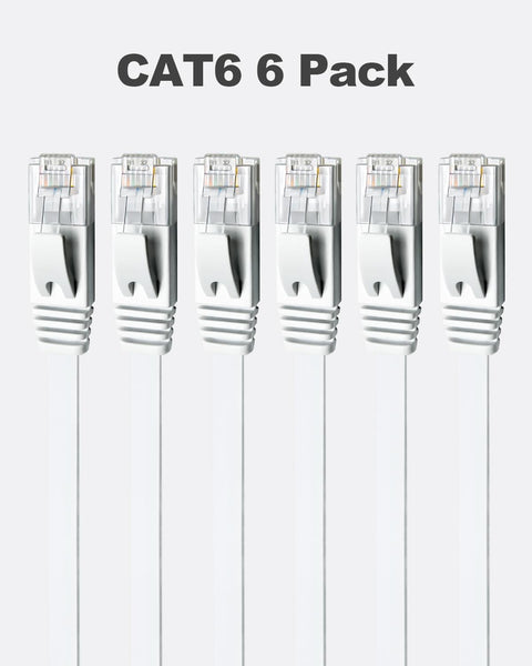 Flat Cat6 Ethernet Cable 3Ft 6 Pack White High Speed Solid Bare Copper Gigabit LAN Patch Cords With Snagless RJ45 Connectors