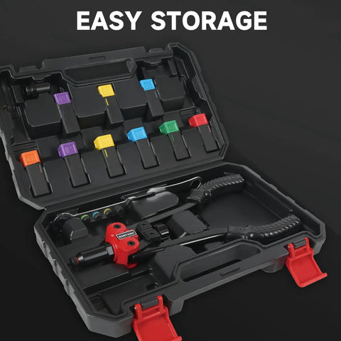 3 In 1 Rivet Nut Tool Kit with 14 Inch Rivet Gun and Six Metric Mandrels in open rugged carrying case