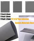 Non-asbestos gasket material sheets set, 15x11.8 in, 0.8/1.0/1.2 mm; front view shows three gray sheets and rolled sheet.