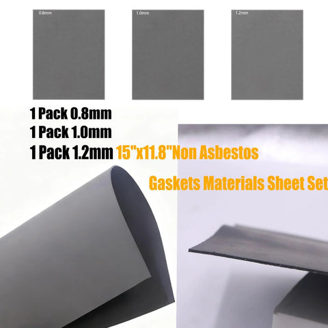 Non-asbestos gasket material sheets set, 15x11.8 in, 0.8/1.0/1.2 mm; front view shows three gray sheets and rolled sheet.