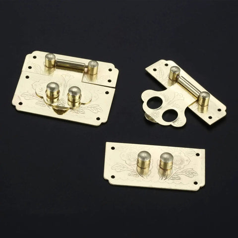 Gold Key Hasp Lock for Jewelry Box and Vintage Suitcase hardware showing retro style clasp components.