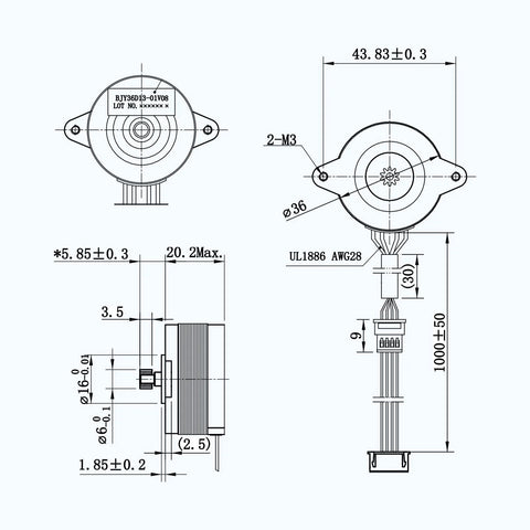Technical blueprint of a 36 mm pancake NEMA 14 stepper motor with mounting holes and wiring, front and side views.