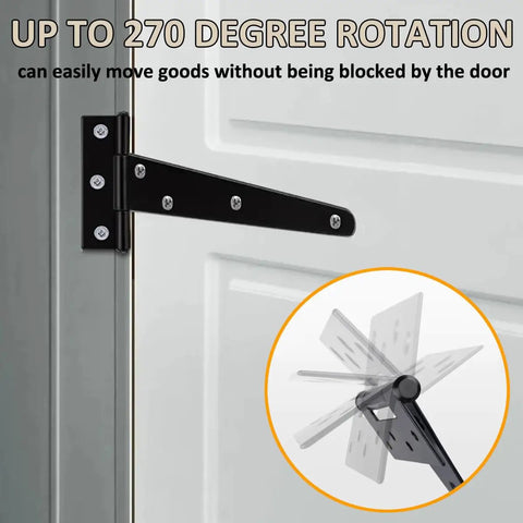 Heavy Duty T Shaped Hinges Pack Of 3 12 Inch Black Metal Foldable Gate Hardware For Garden Shed And Barn Doors Rust Proof Weather Resistant visible with 270 degree rotation feature.
