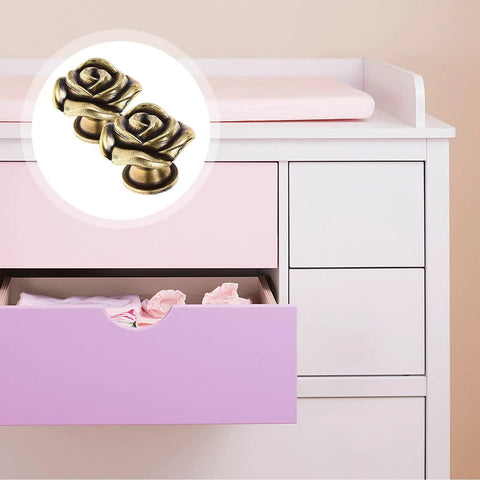 Vintage Rose Flower Cabinet Knobs Two Pack Classic Floral Drawer Pulls Heavy Duty Zinc Alloy Furniture Hardware For Dresser And Shoe Closet Smooth Grip Top Notch Home Decor Upgrade Built Tough Real Deal on a purple drawer.