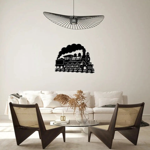 Living room setting featuring Dope Steam Locomotive Metal Wall Art For Living Room And Office Black 16 Inch Outdoor Decor Sign