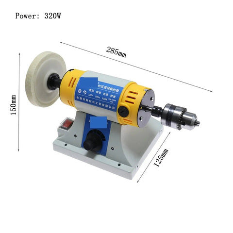 Slick 320W Desktop Bench Lathe And Polishing Machine With 10000 RPM Badass Motor Rock Solid For Diy Woodworking Jade Jewelry Cutting And Grinding Setup, compact design with polishing wheel and adjustable speed.