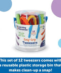Easy-Grip Tweezers for Kids in colorful storage bin, ideal for preschool and daycare sensory play, fine motor skill builder.