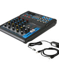 4 Channel Digital USB Bluetooth Pro Audio Mixer with MP3 Playback, USB Flash and PC Input, 48V Phantom Power, cables and adapter shown