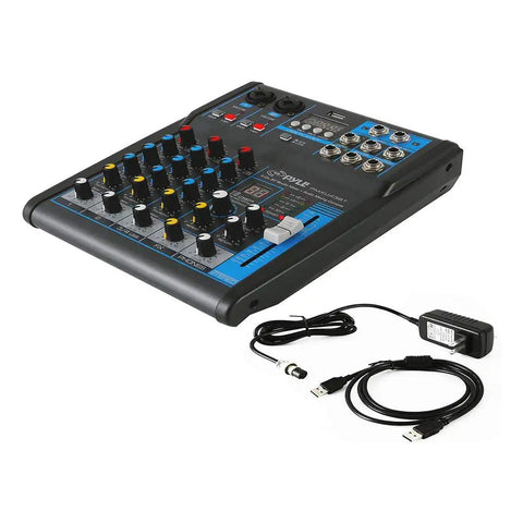 4 Channel Digital USB Bluetooth Pro Audio Mixer with MP3 Playback, USB Flash and PC Input, 48V Phantom Power, cables and adapter shown