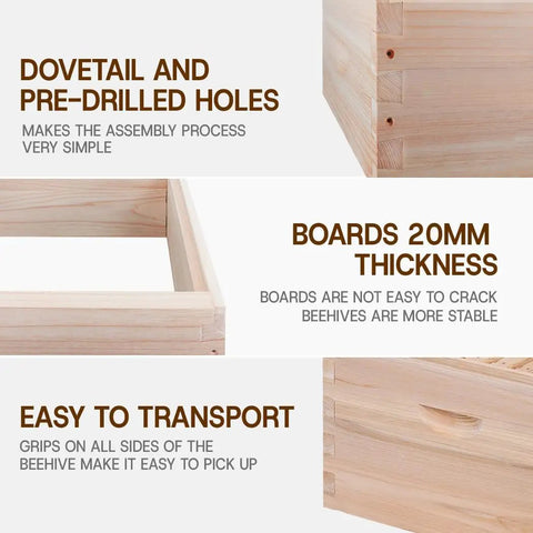 10 Frame Langstroth Beehive Super Box With Frames And Waxed Foundations Cedar Wood Beekeeping Kit showing dovetail joints and pre-drilled holes