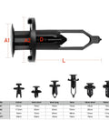 102 Piece Auto Push Pin Rivet Kit 6 In 1 6.3mm 8mm 9mm 10mm with size chart showing various rivets and dimensions