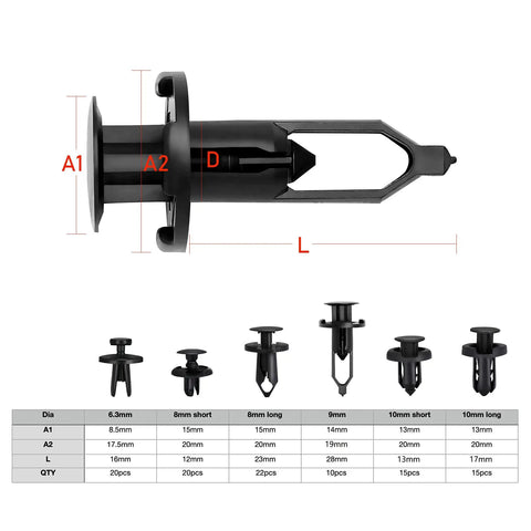 102 Piece Auto Push Pin Rivet Kit 6 In 1 6.3mm 8mm 9mm 10mm with size chart showing various rivets and dimensions